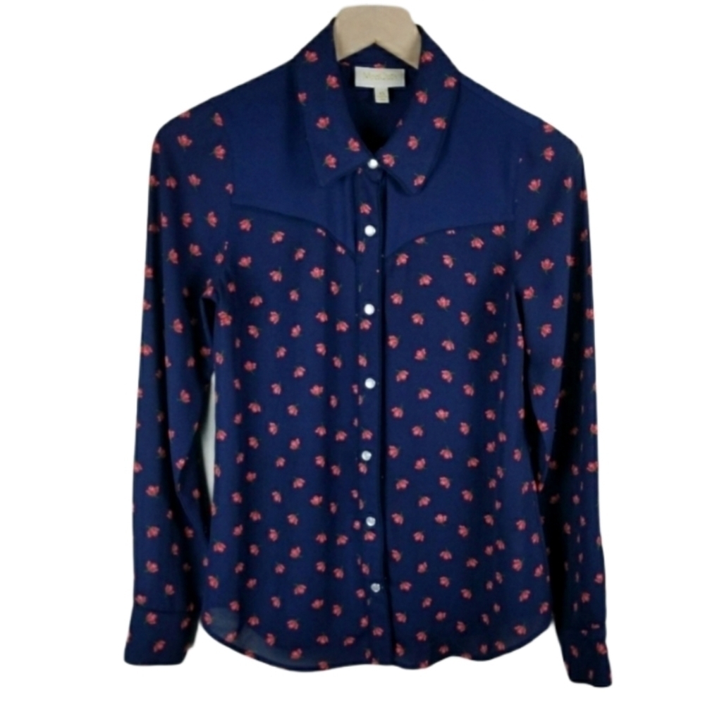 Modcloth Navy Button Down Pink Flower Blouse